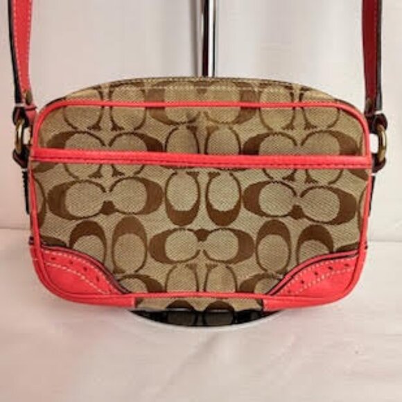 Coach Signature Canvas Leather Crossbody Bag Y2K Khaki Raspberry Red Trim 10568 - Picture 3 of 11